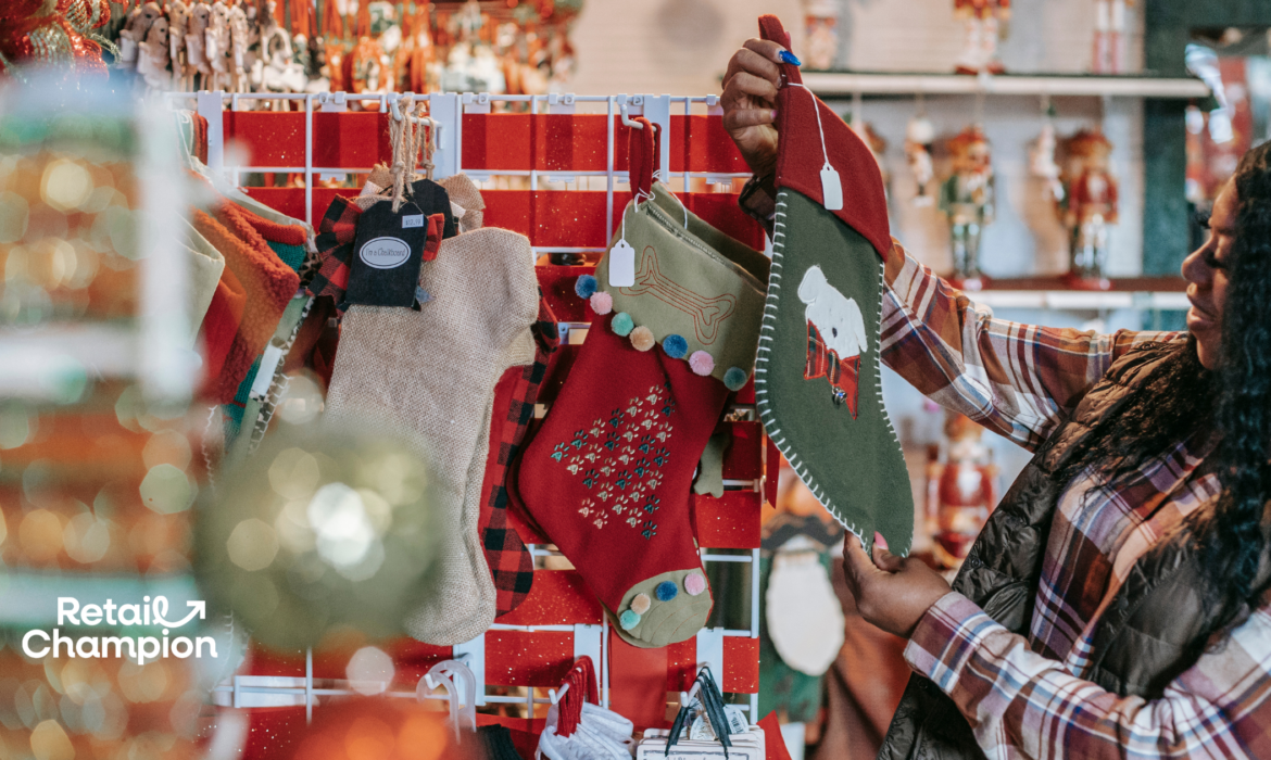 Christmas retail store with customer looking at a stocking